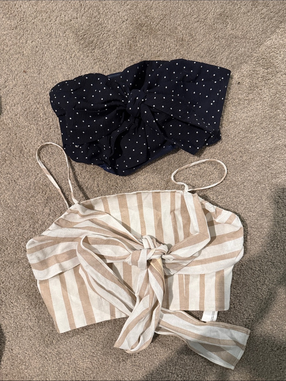 Lulu's Navy Polka Dot & Beige Stripe Tie-Front Crop Tops